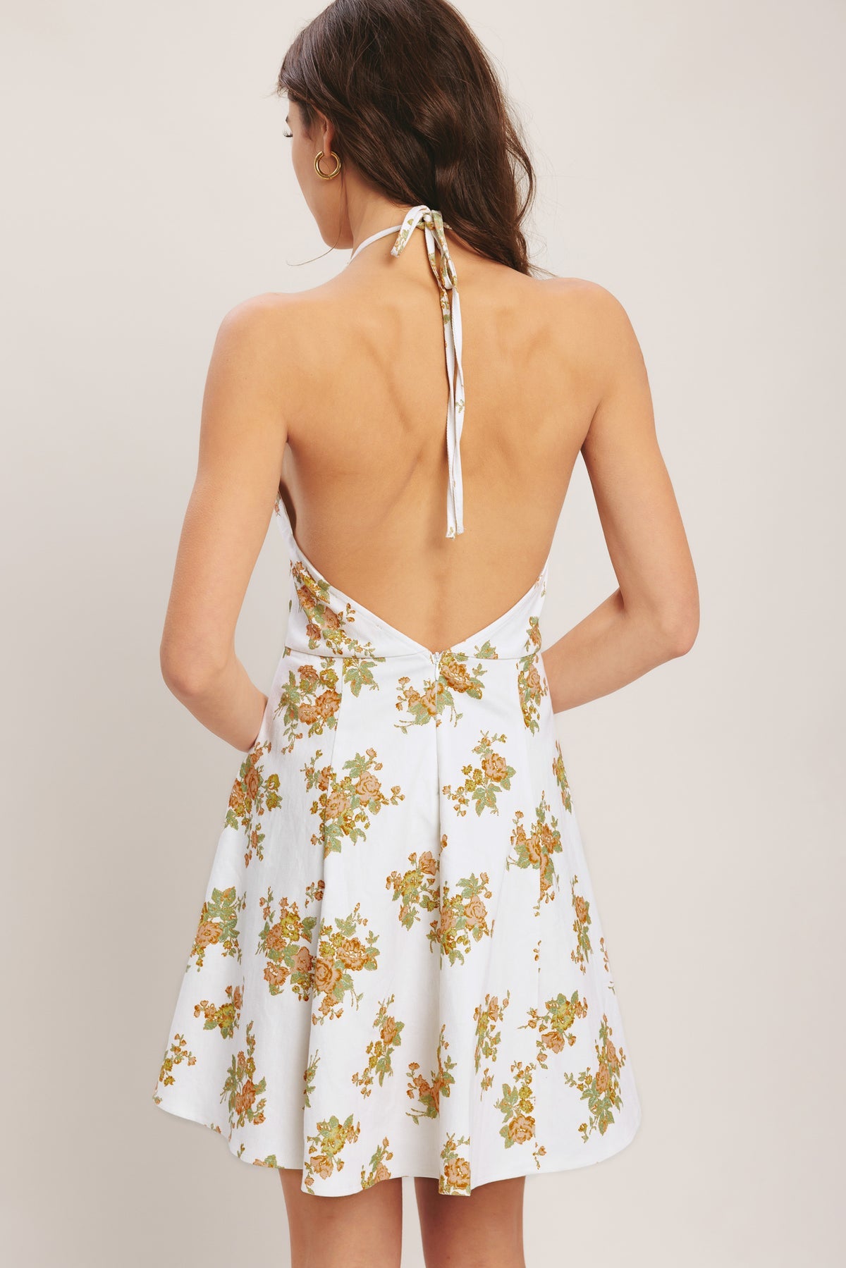 Ivory Halter Mini Floral Woven Cocktail Dress with Flared Skirt Flying Tomato ID23481