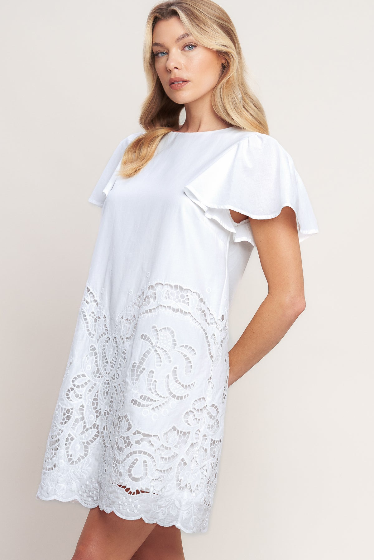 Off White Crew-Neck Mini Cotton Lace Overlay Cocktail Short Sleeve Dress Flying Tomato ID23507