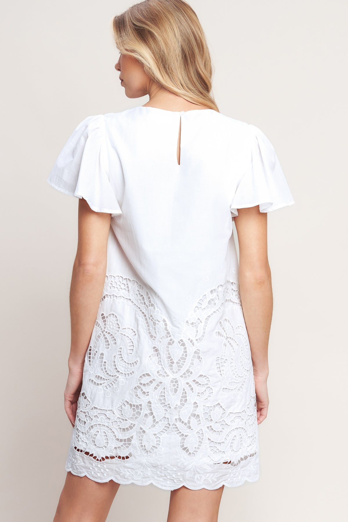 Off White Crew-Neck Mini Cotton Lace Overlay Cocktail Short Sleeve Dress Flying Tomato ID23507