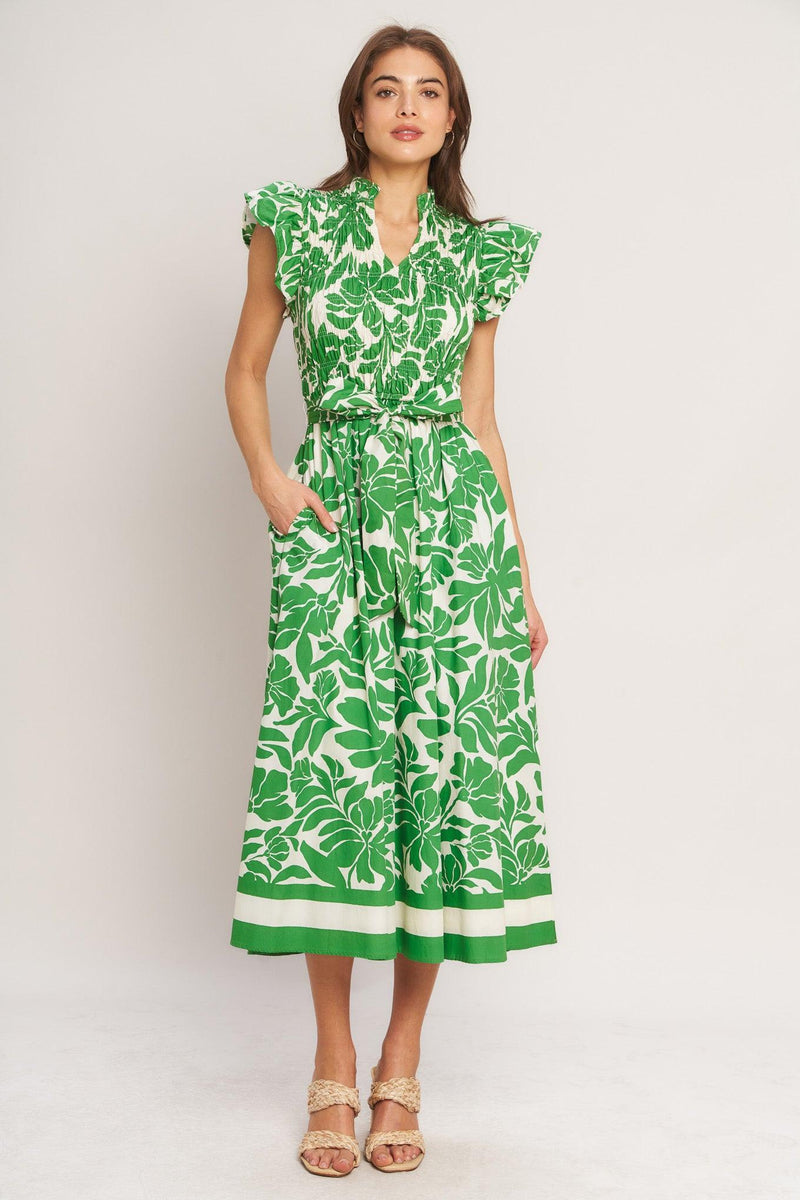 V-Neck Midi Floral A-Line Dress