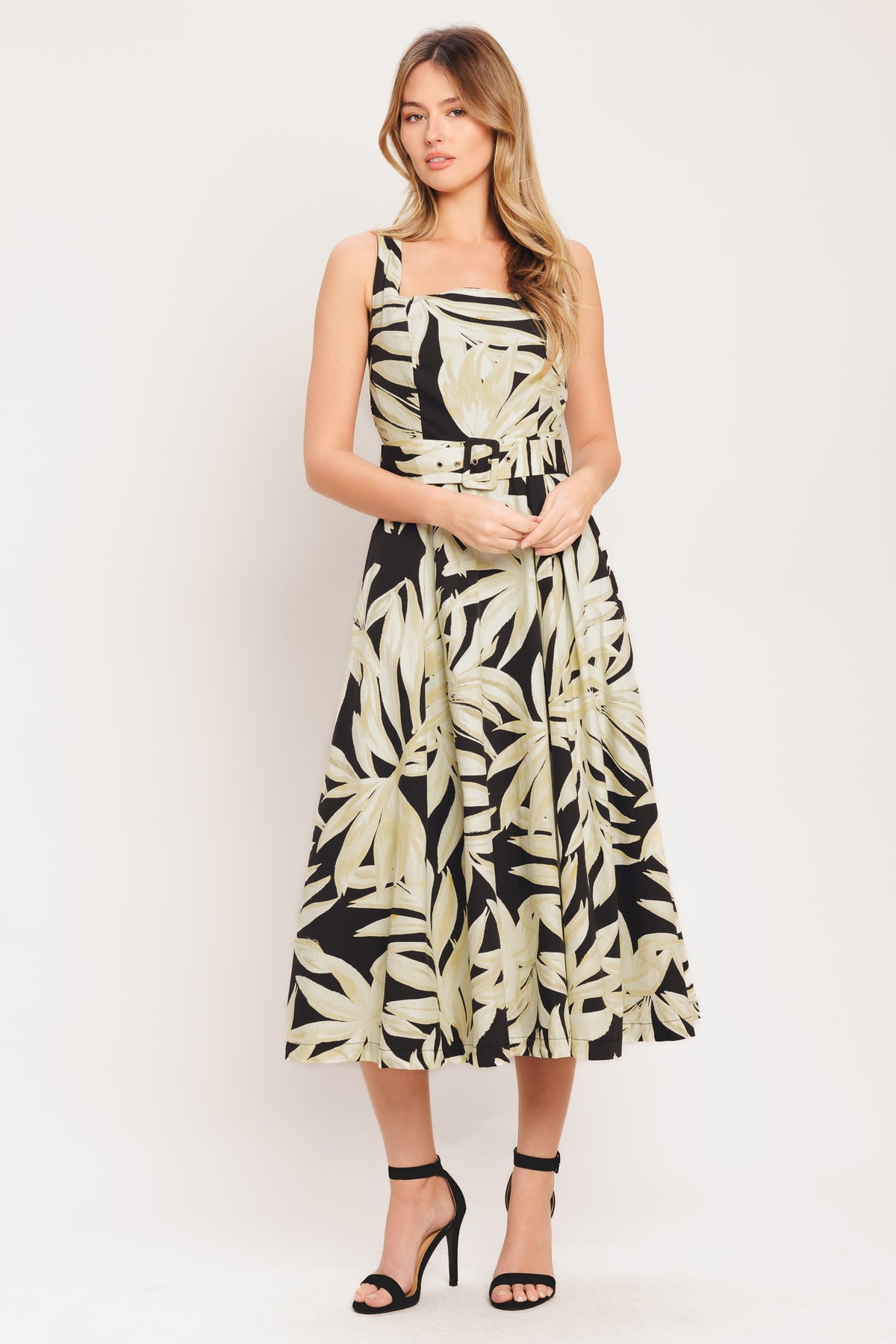 Black Taupe Square Neck Midi Cotton Printed Cocktail Dress Belted Fit and Flare Dress Flying Tomato ID23580