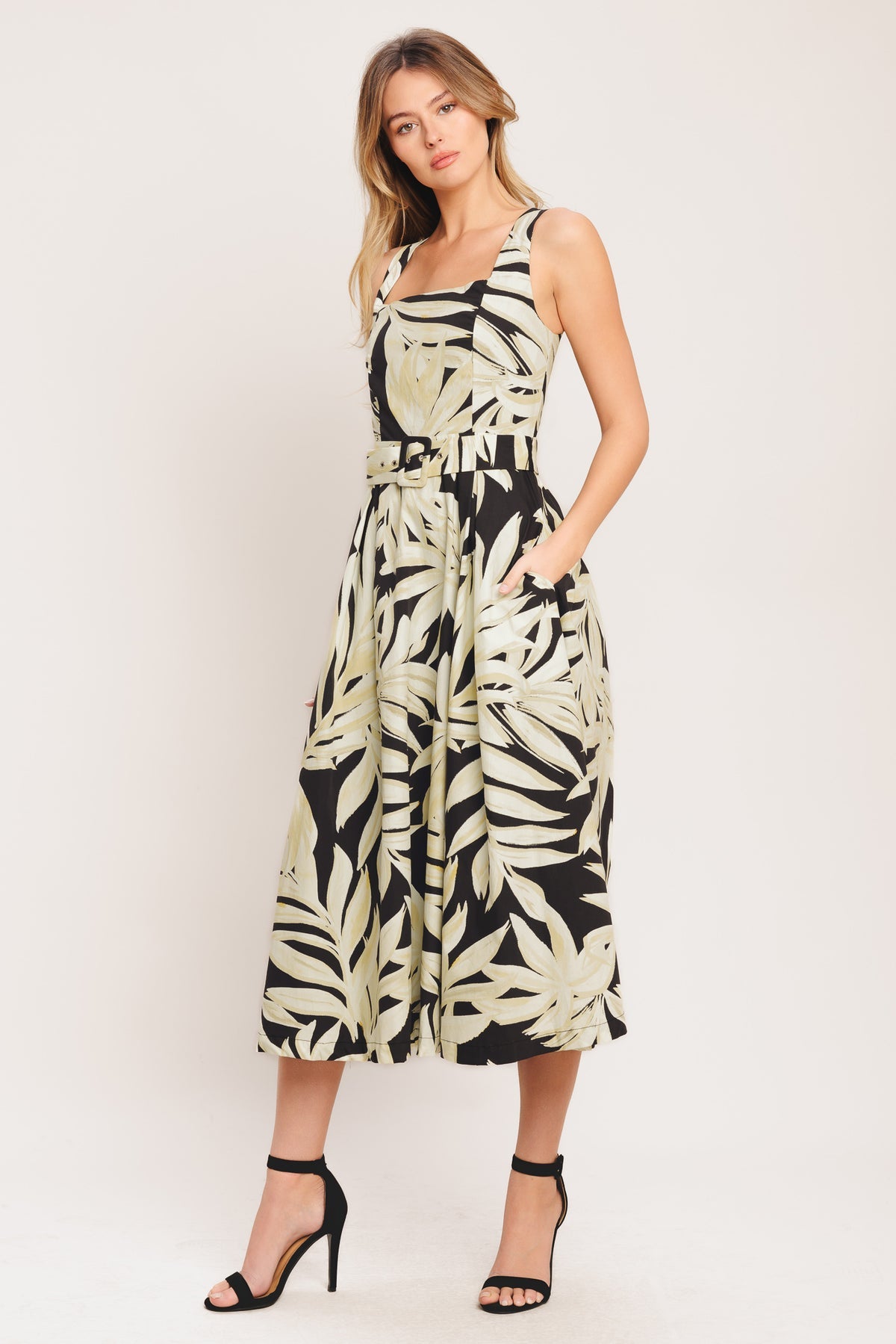 Black Taupe Square Neck Midi Cotton Printed Cocktail Dress Belted Fit and Flare Dress Flying Tomato ID23580