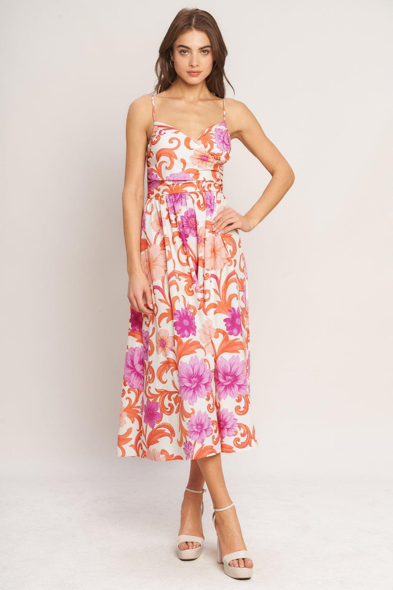 V-Neck Midi Satin Wedding Guest A-Line Dress Flying Tomato ID23586