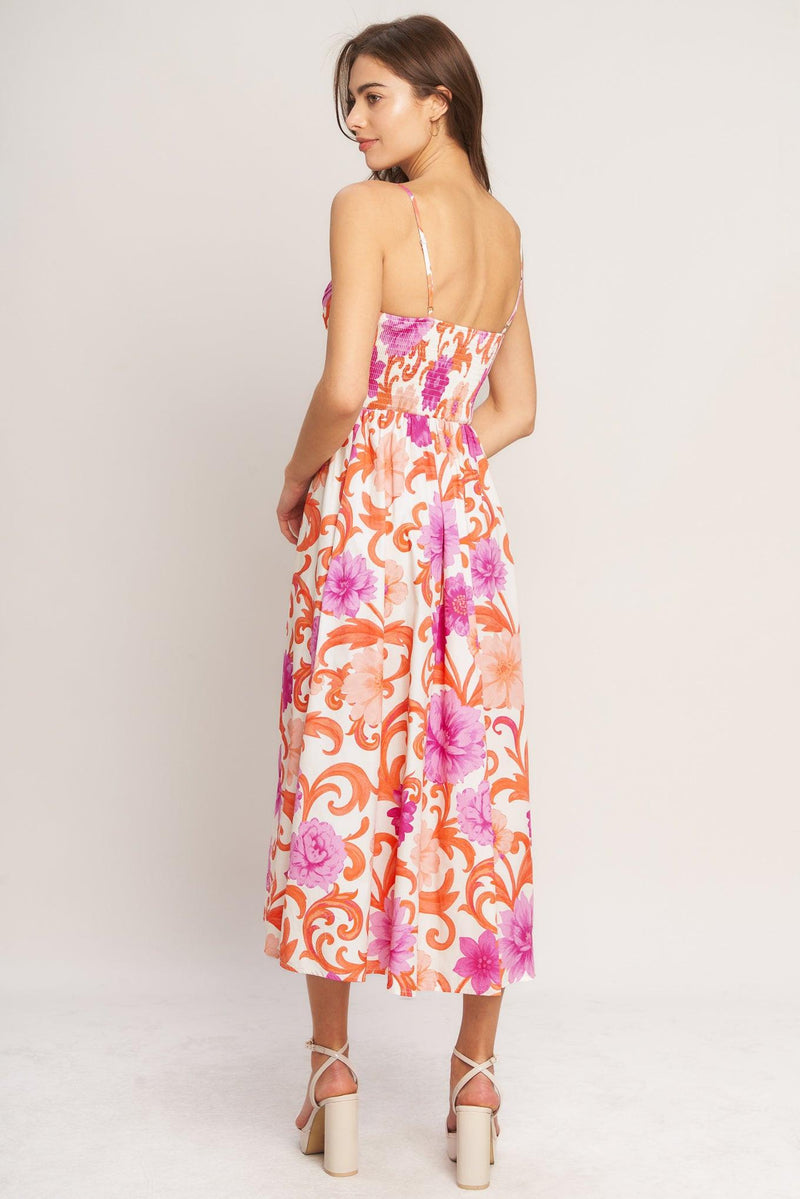 V-Neck Midi Satin Wedding Guest A-Line Dress Flying Tomato ID23586