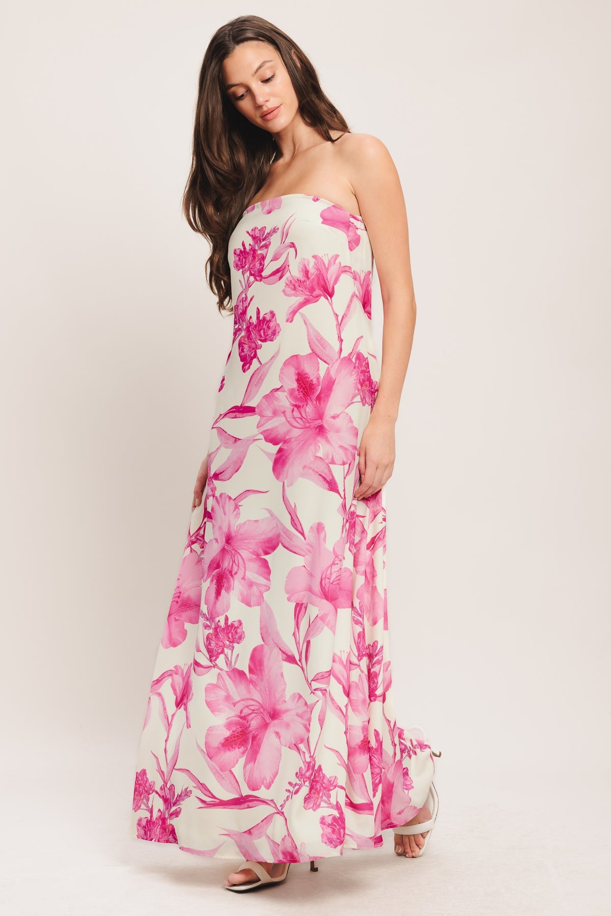 Ivory Pink Strapless Maxi Floral Print Casual Formal Summer Backless Dress Flying Tomato ID23587