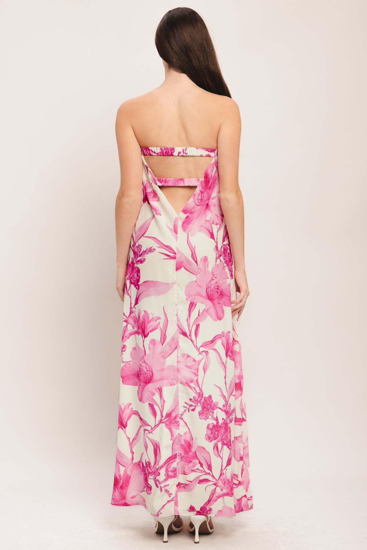 Ivory Pink Strapless Maxi Floral Print Casual Formal Summer Backless Dress Flying Tomato ID23587