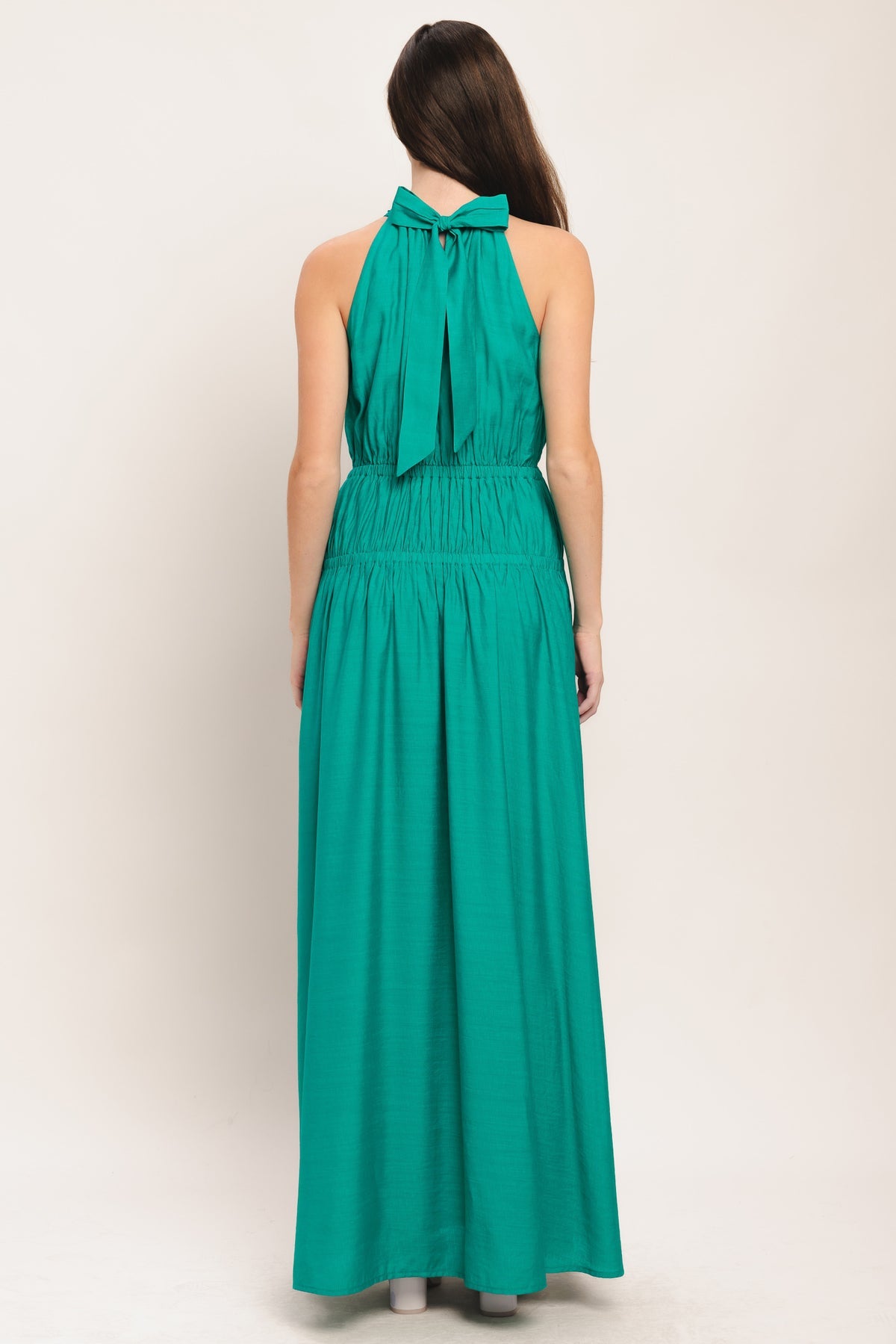 Teal Halter Floor Length Jersey Formal Dress Pleated Tiered Maxi Dress Flying Tomato ID23594