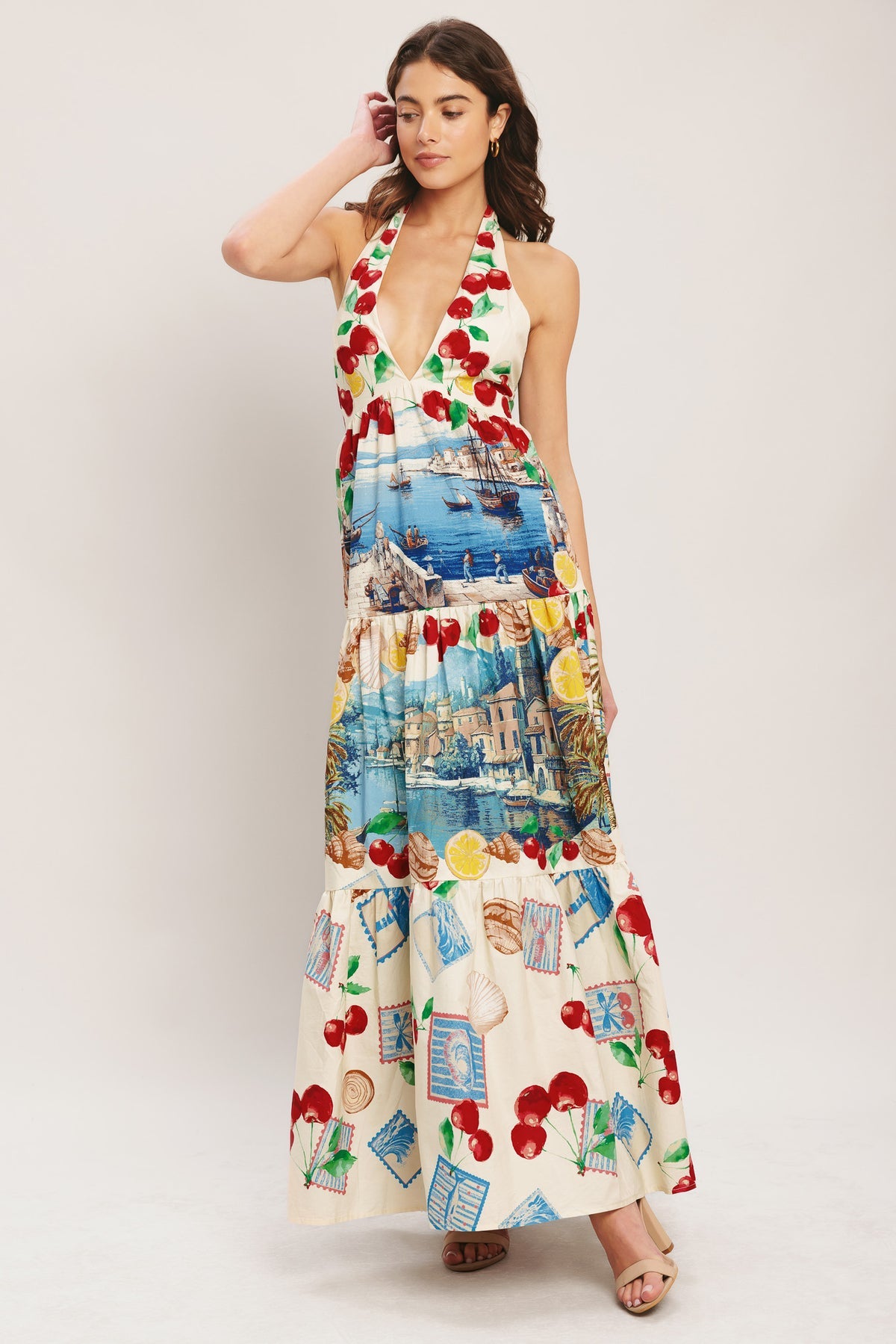 Ivory Halter Maxi Printed Woven Summer Dress with Tiered Skirt Flying Tomato ID23606