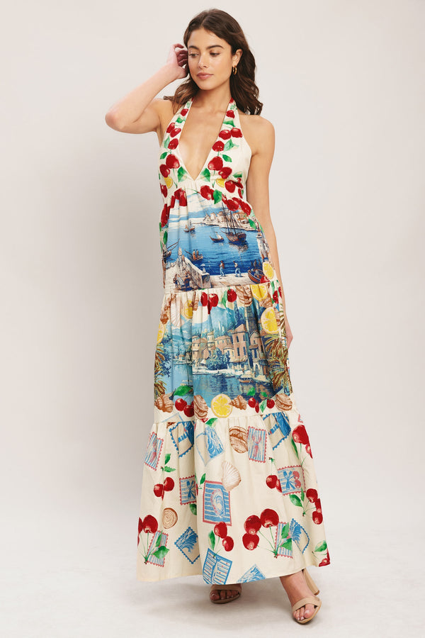 Halter Maxi Printed Woven Summer Dress with Tiered Skirt Flying Tomato ID23606