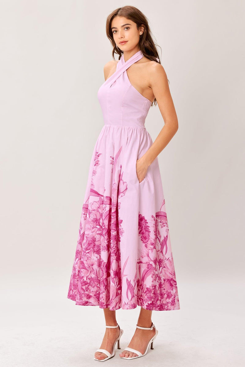 Halter Midi Crepe Wedding Guest A-Line Dress Flying Tomato ID23614