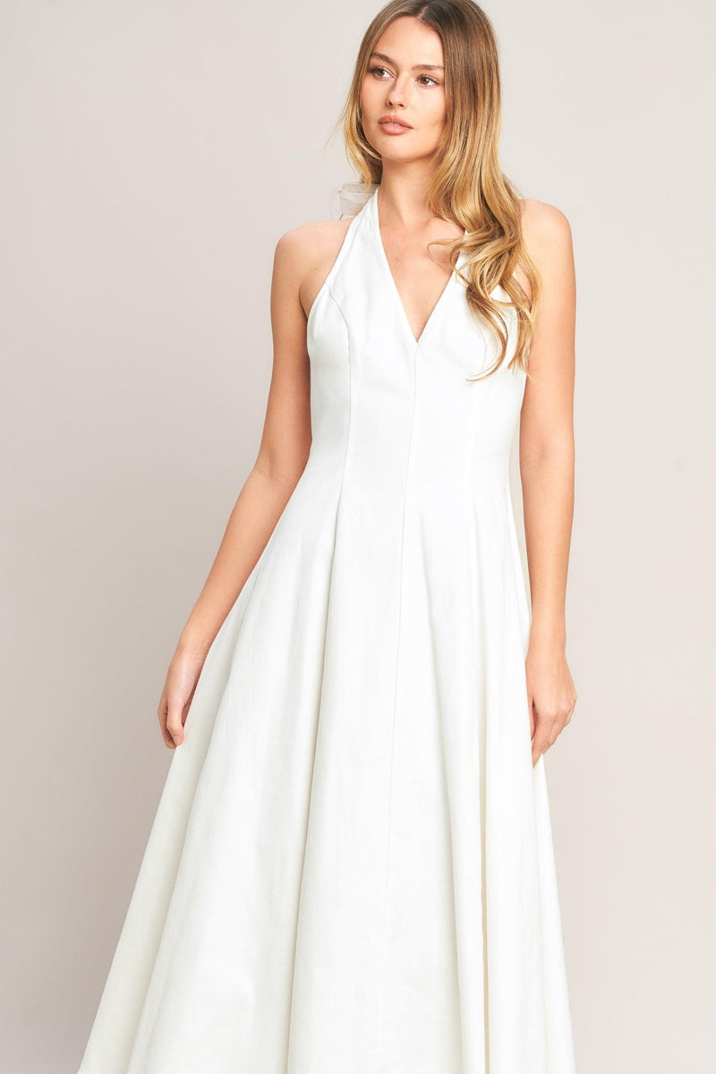 Halter Midi Crepe Formal A-Line Dress Flying Tomato ID23616