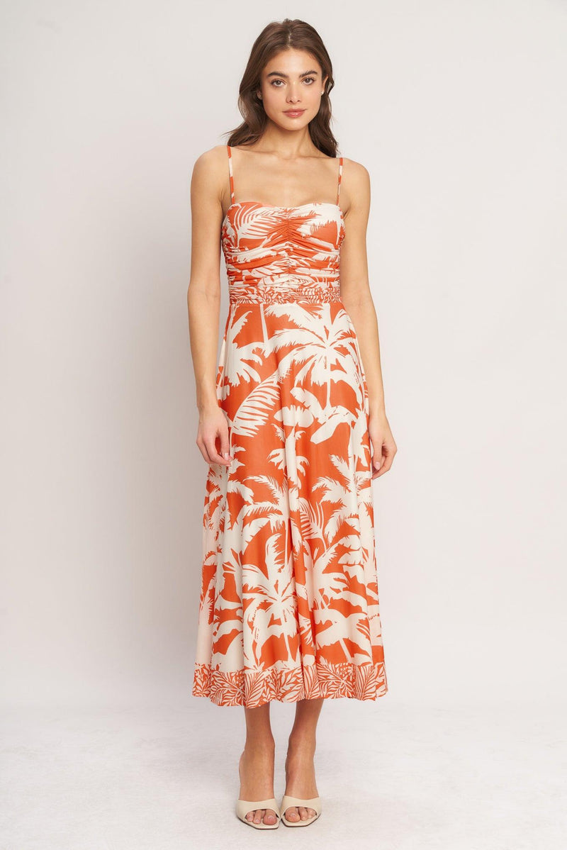 Square Neck Midi Crepe Tropical Print A-Line Dress Flying Tomato ID23630