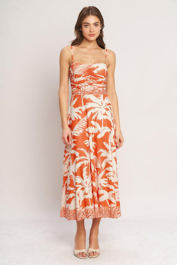 Square Neck Midi Crepe Tropical Print A-Line Dress Flying Tomato ID23630