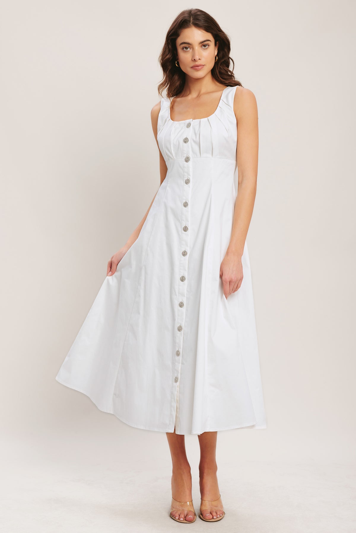 Off Whire Square Neck Midi Woven Casual Dress with Front Button Detail Flying Tomato ID23643