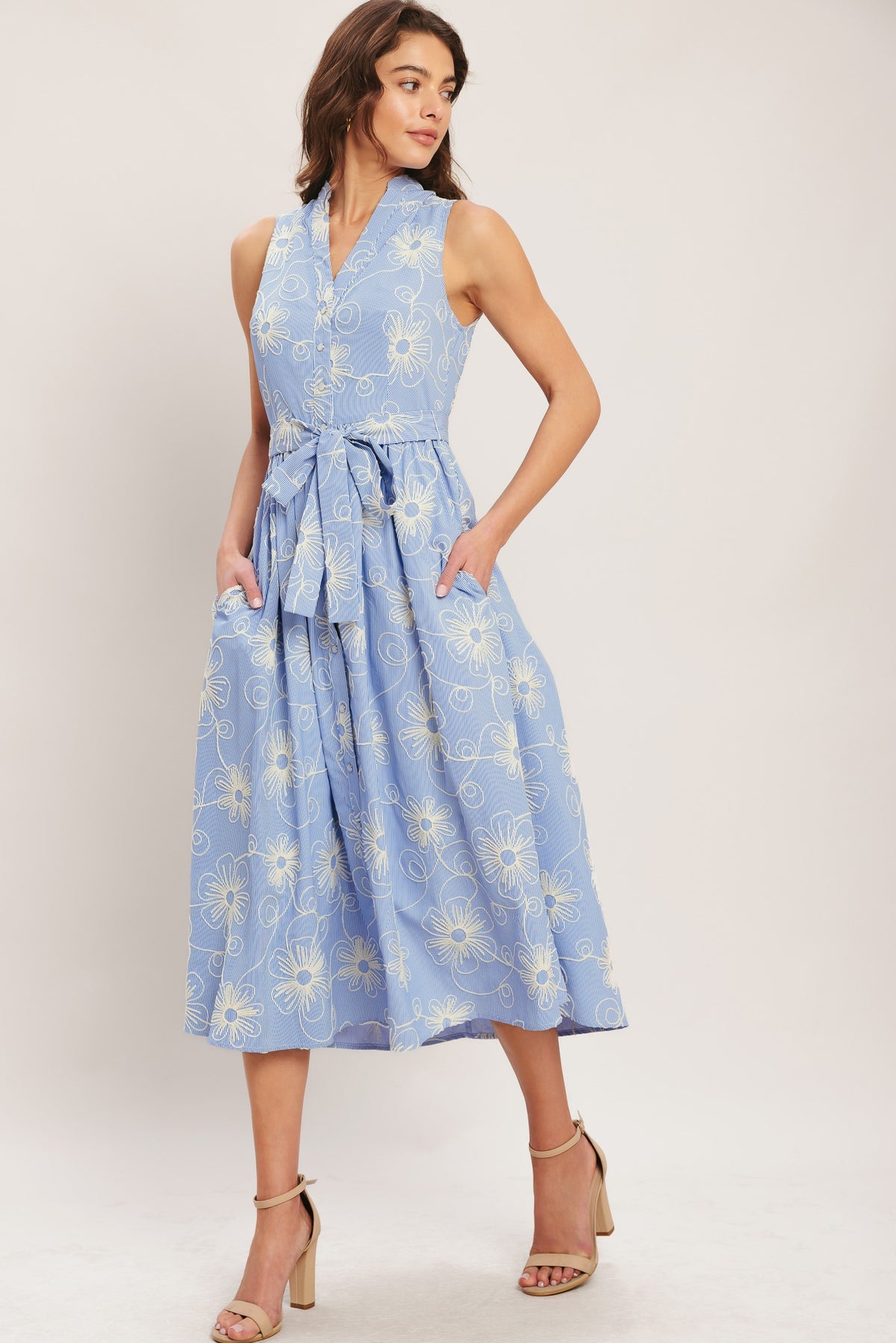 Light Blue V Neck Midi Floral Woven Casual Dress with Self Tie Waist Flying Tomato ID23645