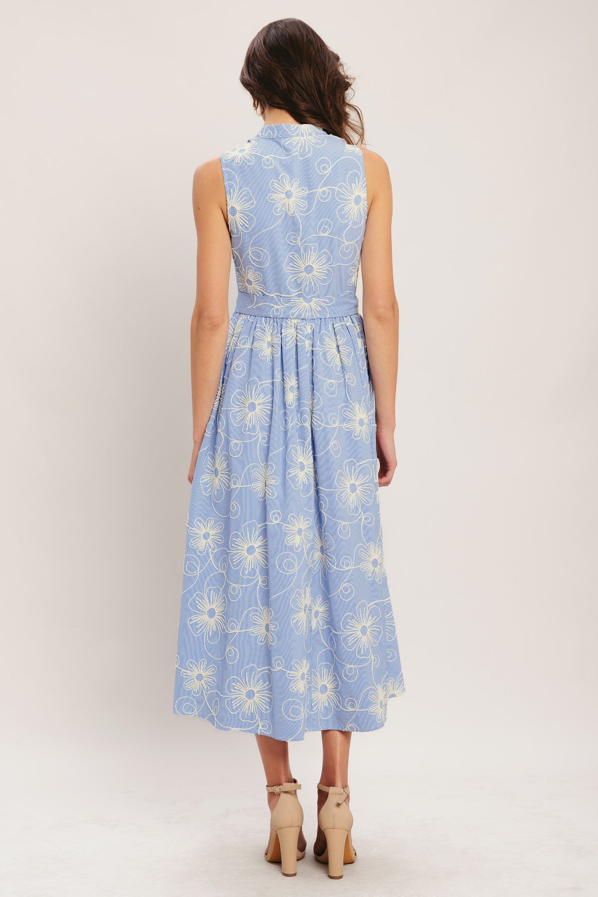 Light Blue V Neck Midi Floral Woven Casual Dress with Self Tie Waist Flying Tomato ID23645