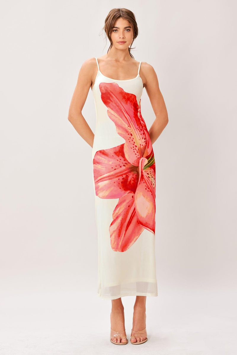 Scoop Neck Midi Mesh Floral Print Wedding Guest Sheath Dress Flying Tomato ID23652
