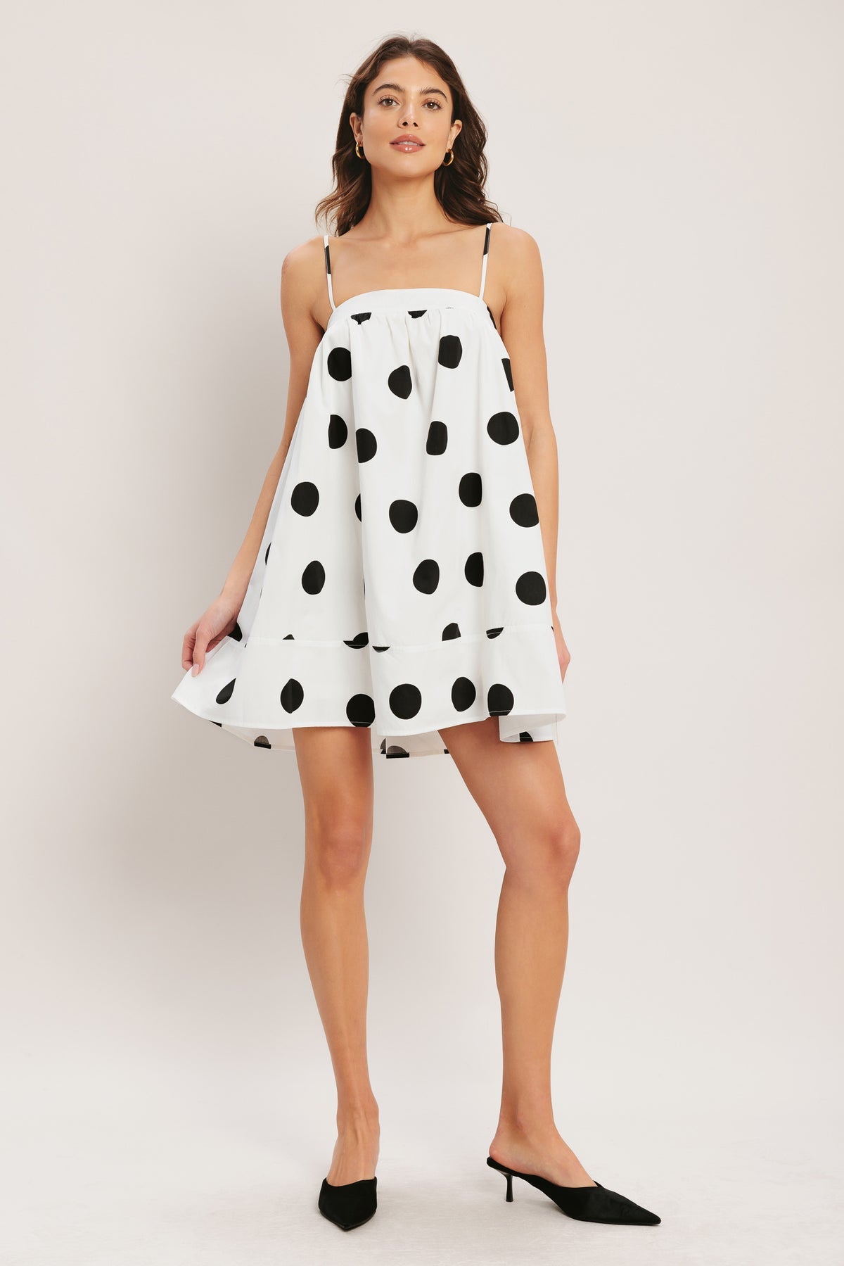 White/Black Straight Neck Mini Woven Polka Dot Casual Dress with Smocked Bac Flying Tomato ID23659