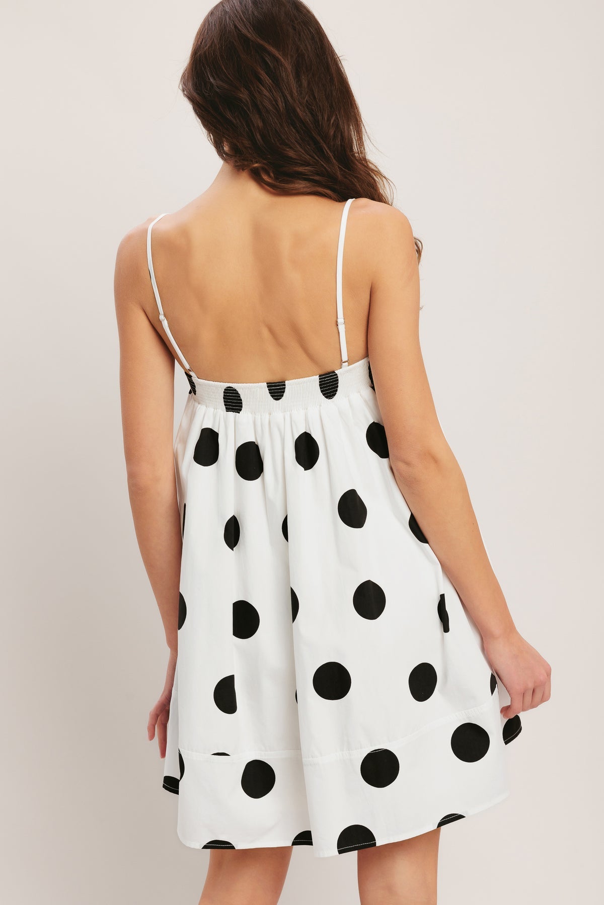 White/Black Straight Neck Mini Woven Polka Dot Casual Dress with Smocked Bac Flying Tomato ID23659