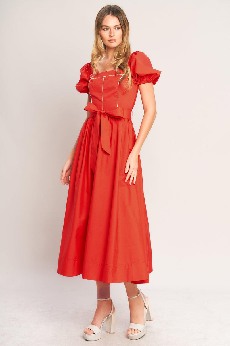 Square Neck Midi Crepe Wedding Guest Fit & Flare Dress Flying Tomato ID23674
