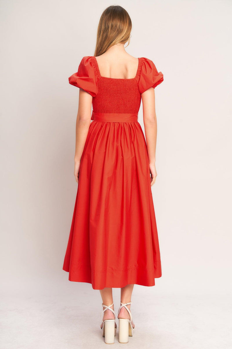 Square Neck Midi Crepe Wedding Guest Fit & Flare Dress Flying Tomato ID23674