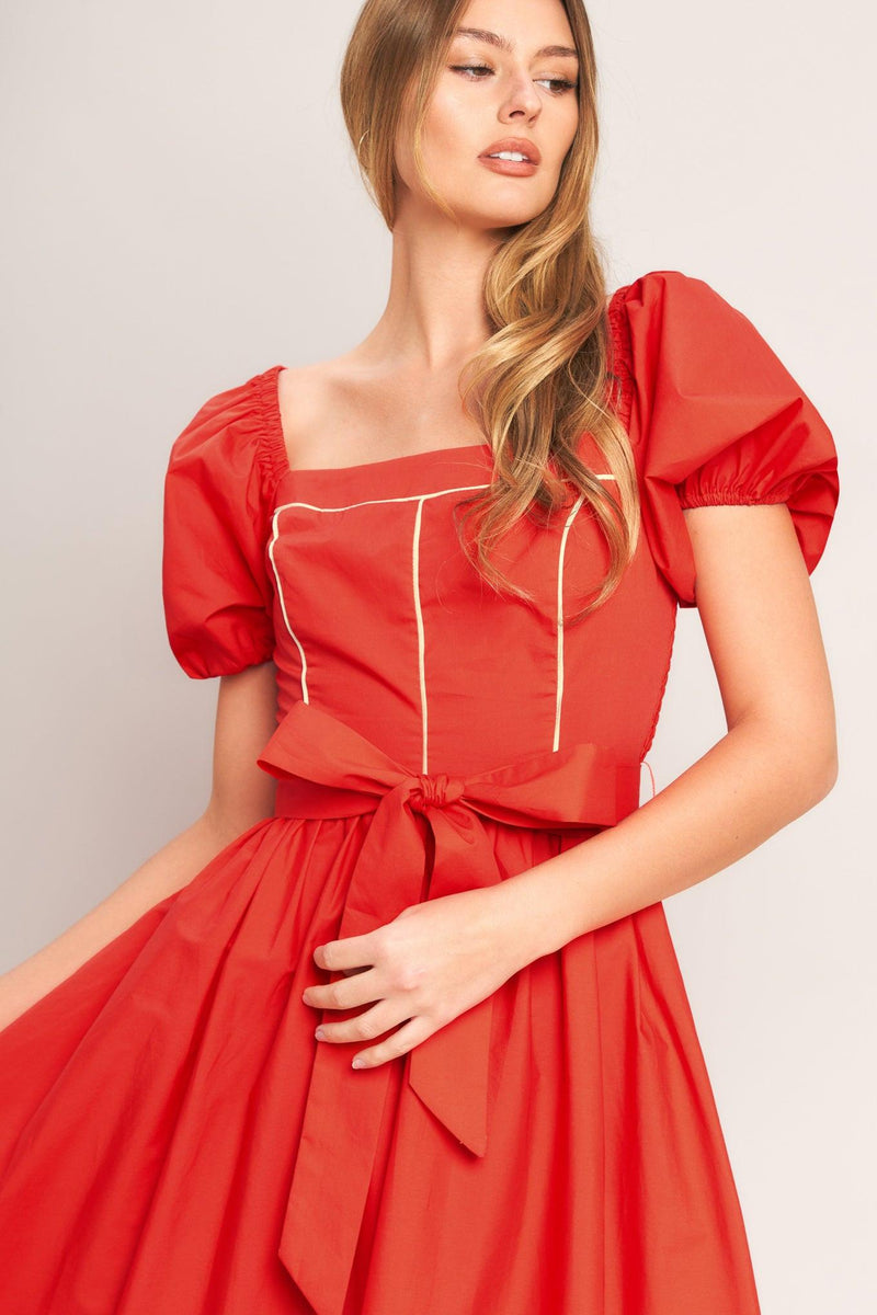 Square Neck Midi Crepe Wedding Guest Fit & Flare Dress Flying Tomato ID23674