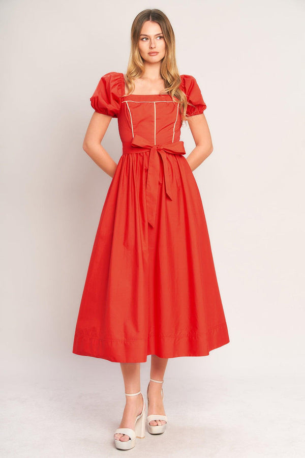 Square Neck Midi Crepe Wedding Guest Fit & Flare Dress Flying Tomato ID23674