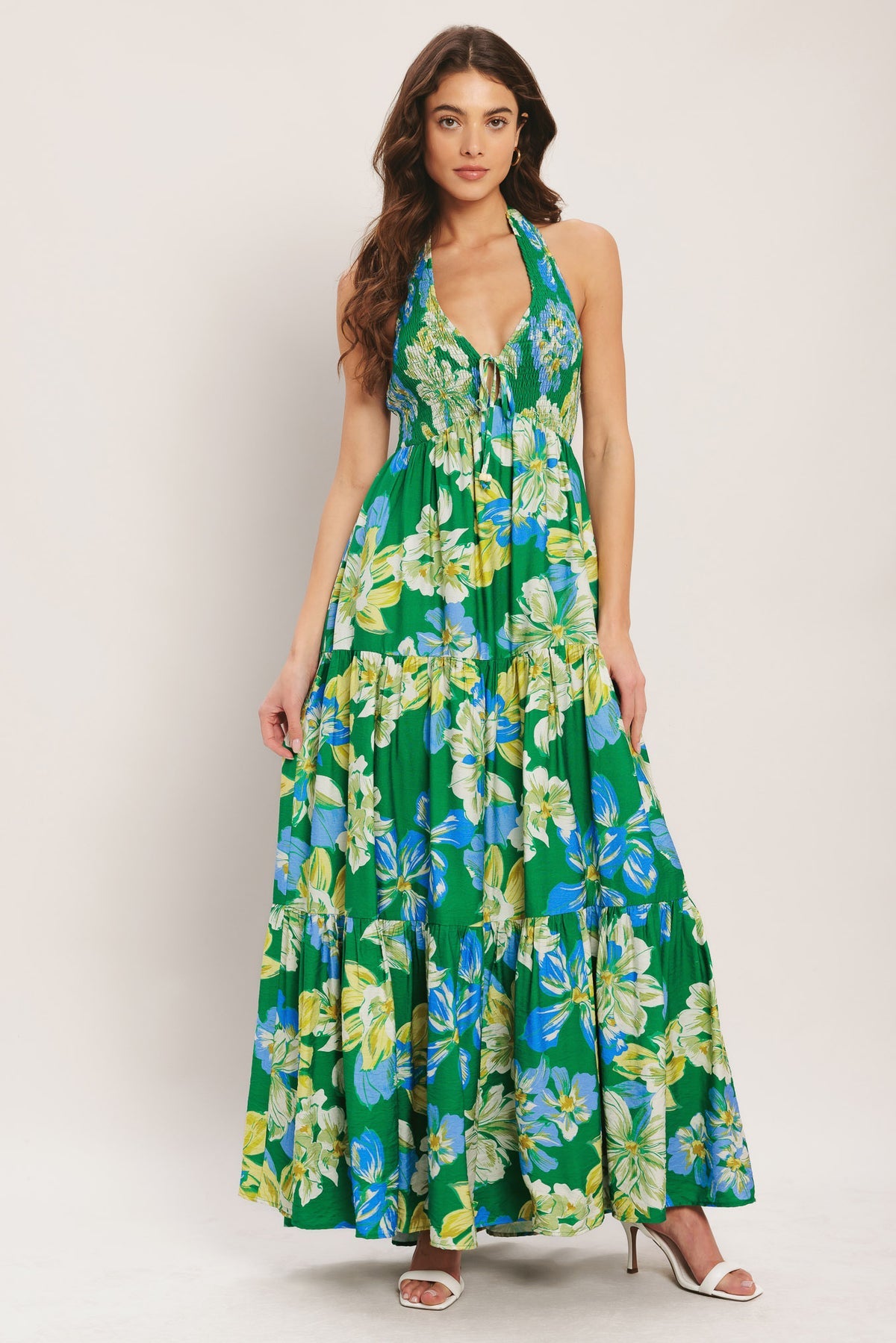 Green Halter Floor Length Printed Woven Summer Dress with Tiered Skirt Flying Tomato ID23685