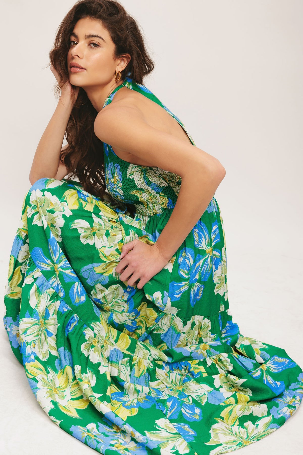 Green Halter Floor Length Printed Woven Summer Dress with Tiered Skirt Flying Tomato ID23685