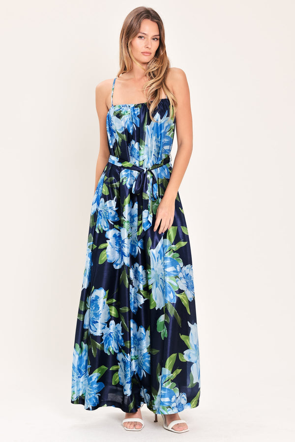 Spaghetti Strap Floor-Length Satin Prom Dress Floral Flying Tomato ID23699