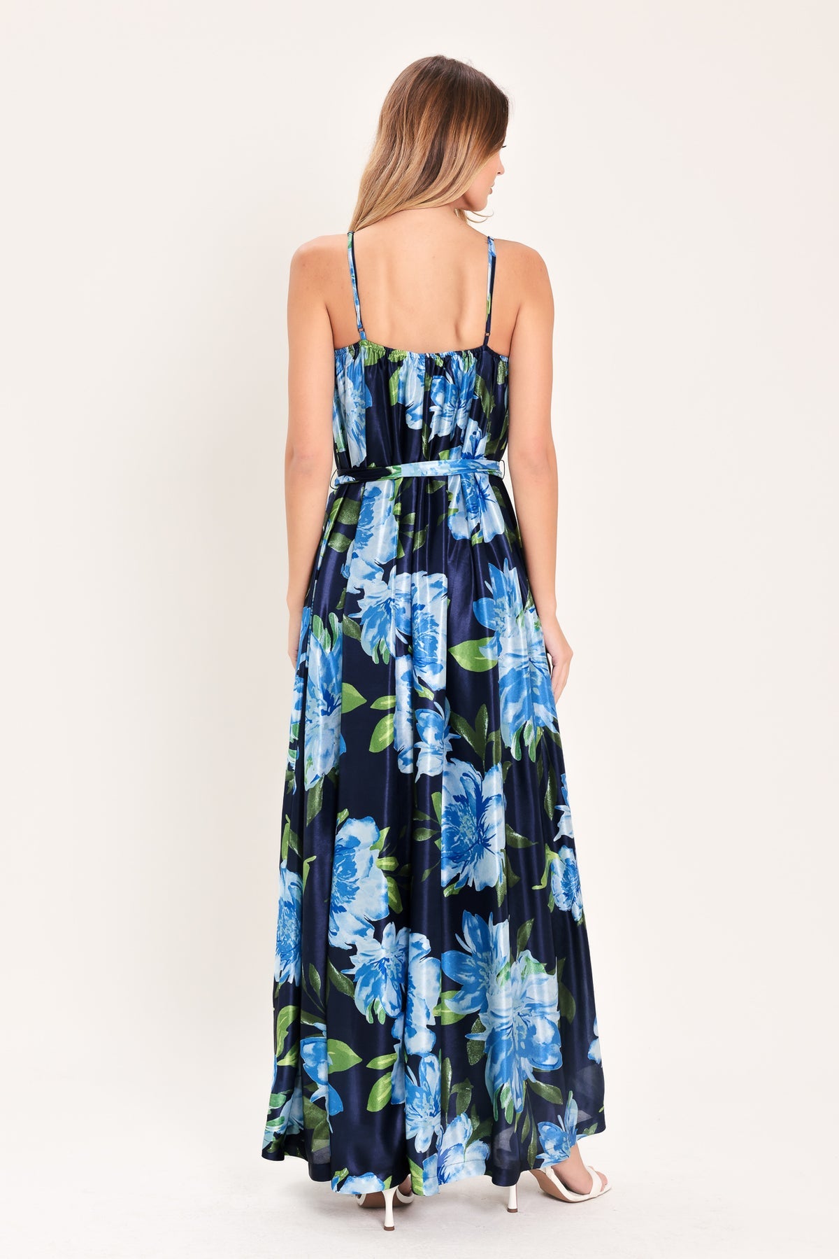 Navy/Blue Spaghetti Strap Floor-Length Satin Prom Dress Floral Flying Tomato ID23699