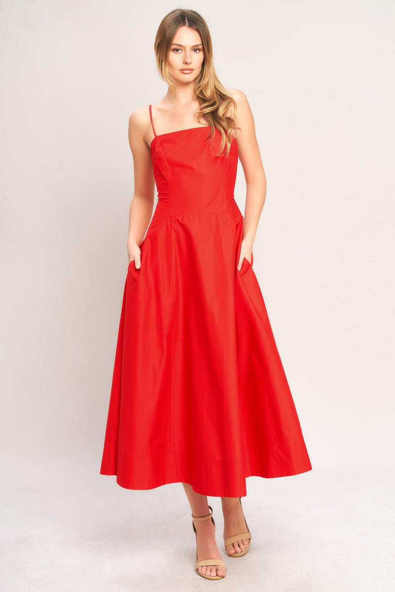 Square Neck Midi Crepe Formal A-Line Dress Flying Tomato ID23708