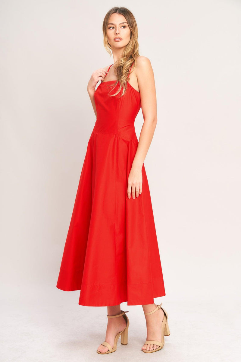Square Neck Midi Crepe Formal A-Line Dress Flying Tomato ID23708