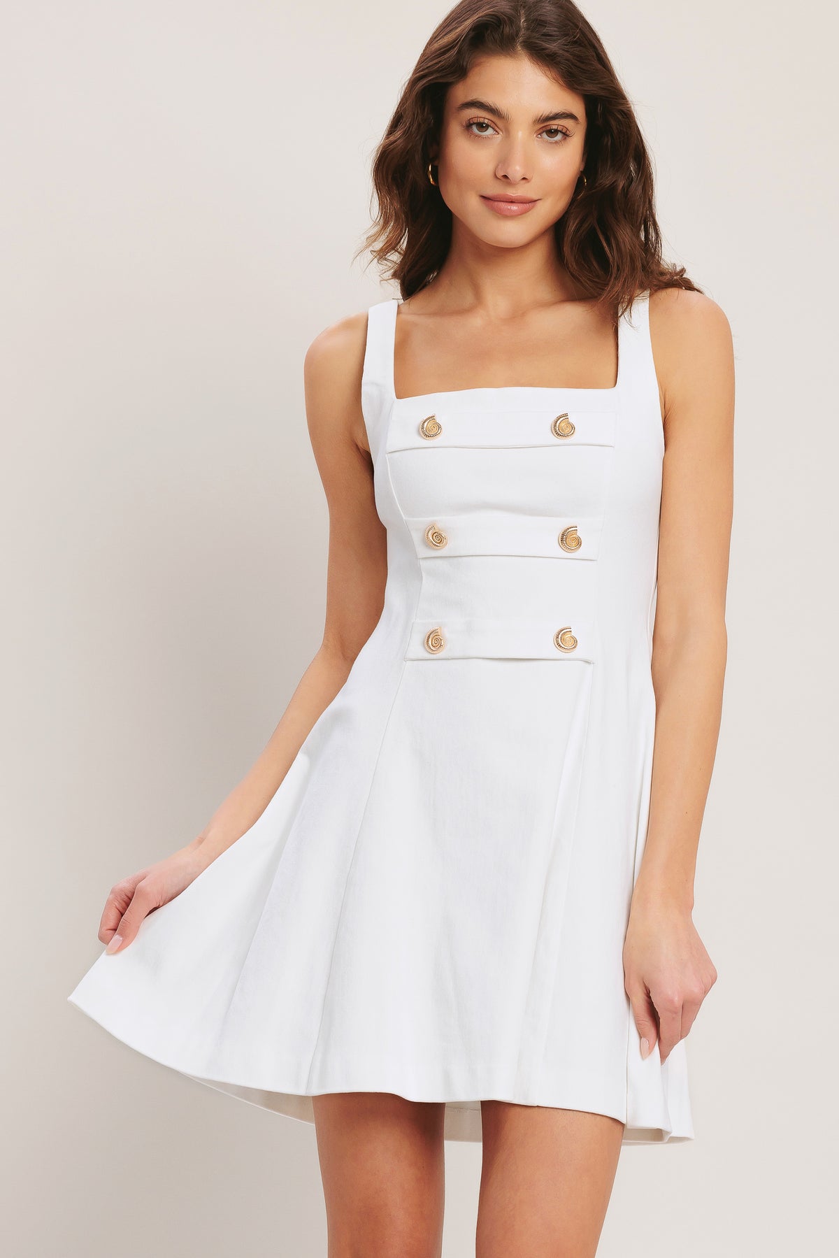 White Denim Square Neck Mini Woven Casual Dress with Button Detail Flying Tomato ID23723