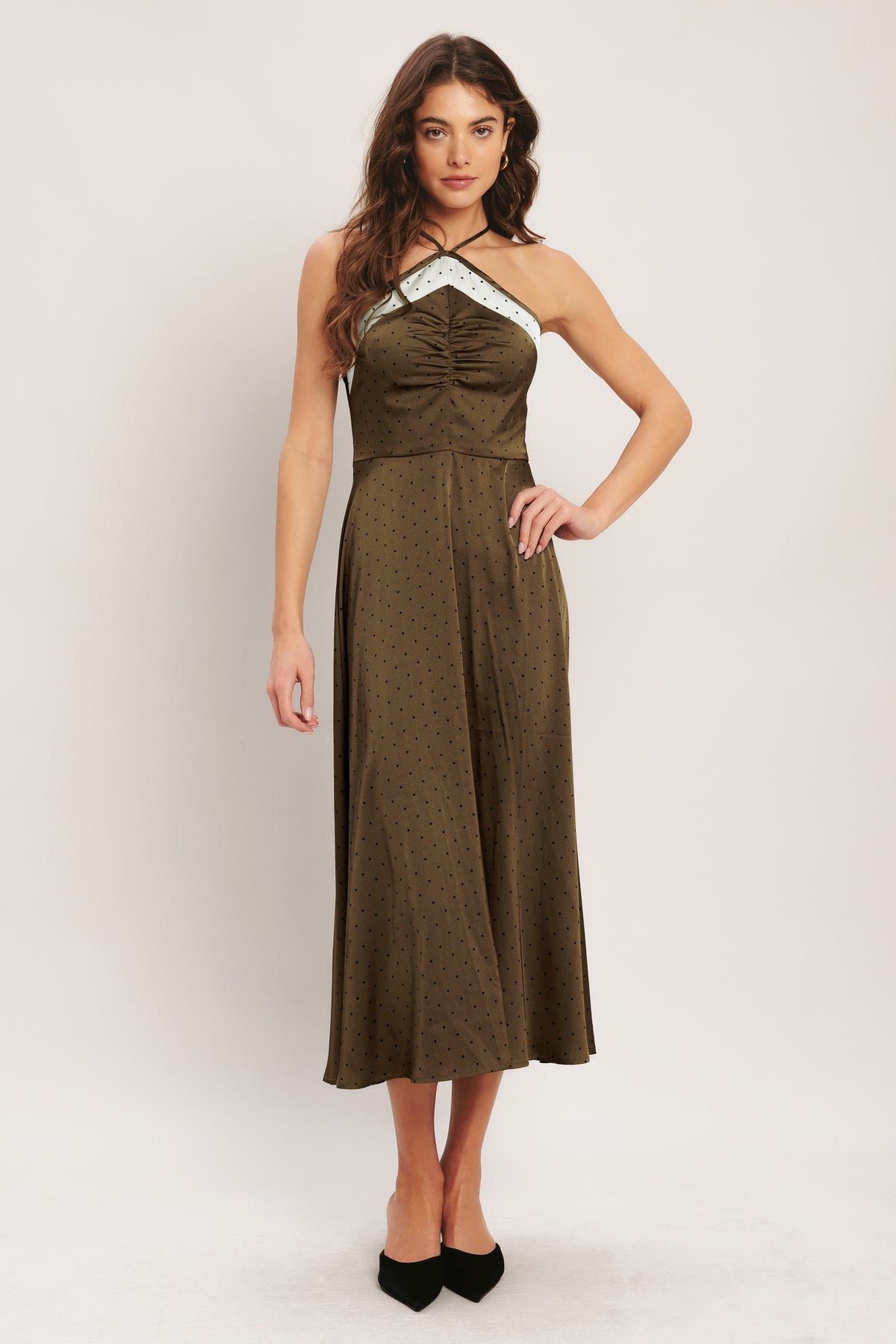 Brown/Champagne Halter Neck Midi Satin Polka Dot Casual Dress with Shirred Bodice Flying Tomato ID23734