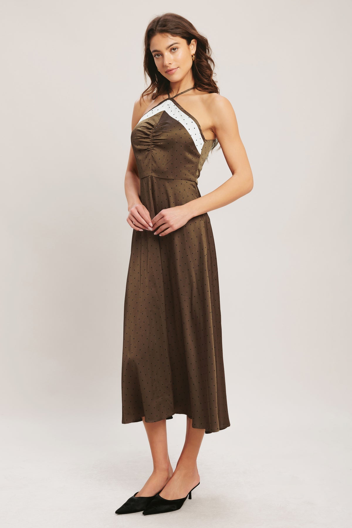 Brown/Champagne Halter Neck Midi Satin Polka Dot Casual Dress with Shirred Bodice Flying Tomato ID23734