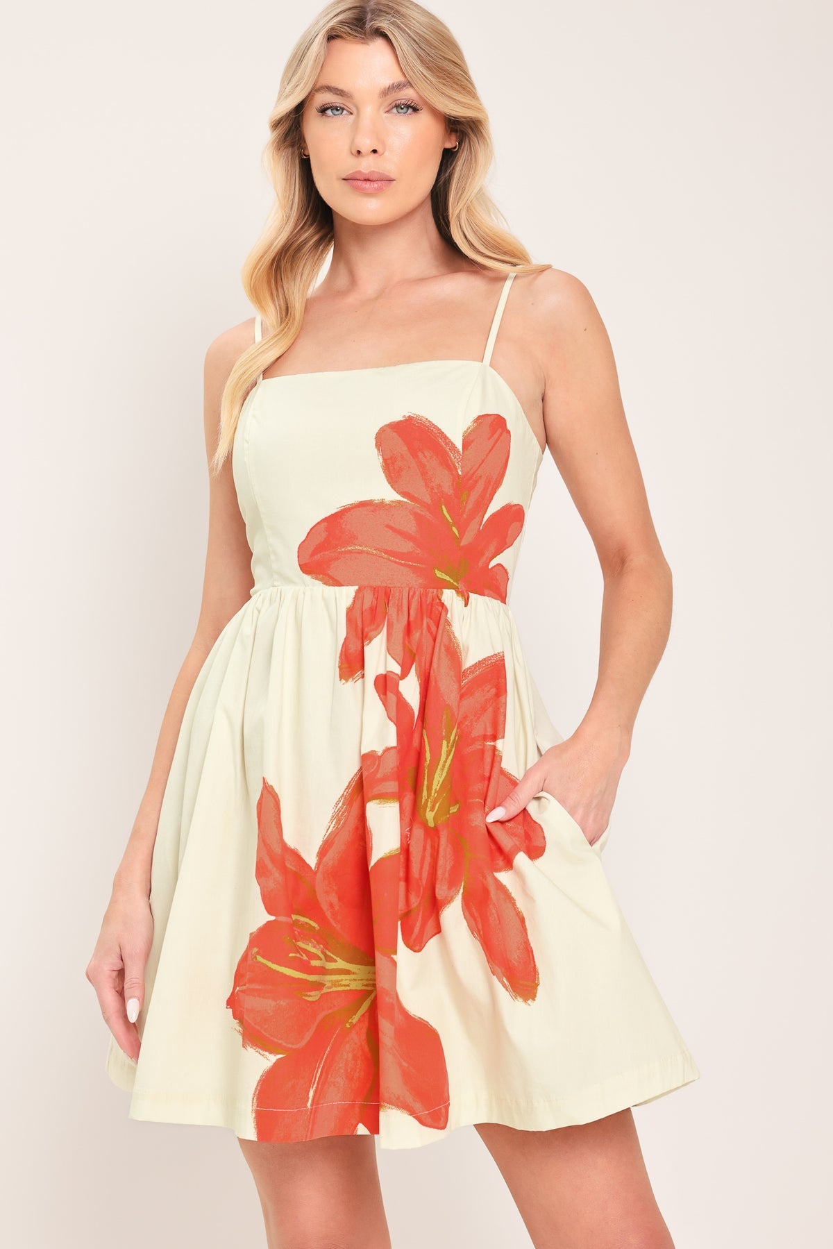 Ivory Spaghetti Strap Short Floral Cotton Cocktail Dress Pockets Flying Tomato ID23737