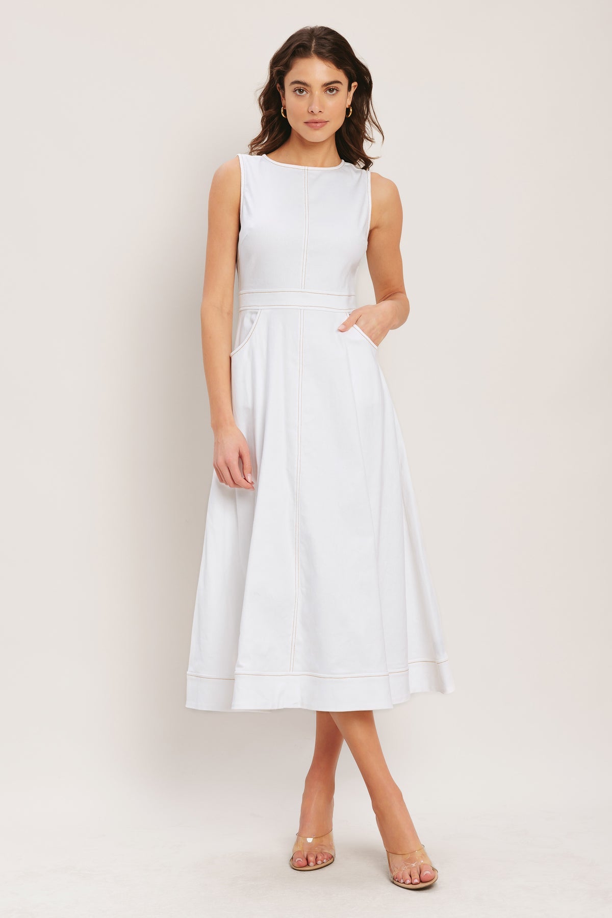 White Crew Neck Midi Woven Casual Dress with Pockets Flying Tomato ID23752