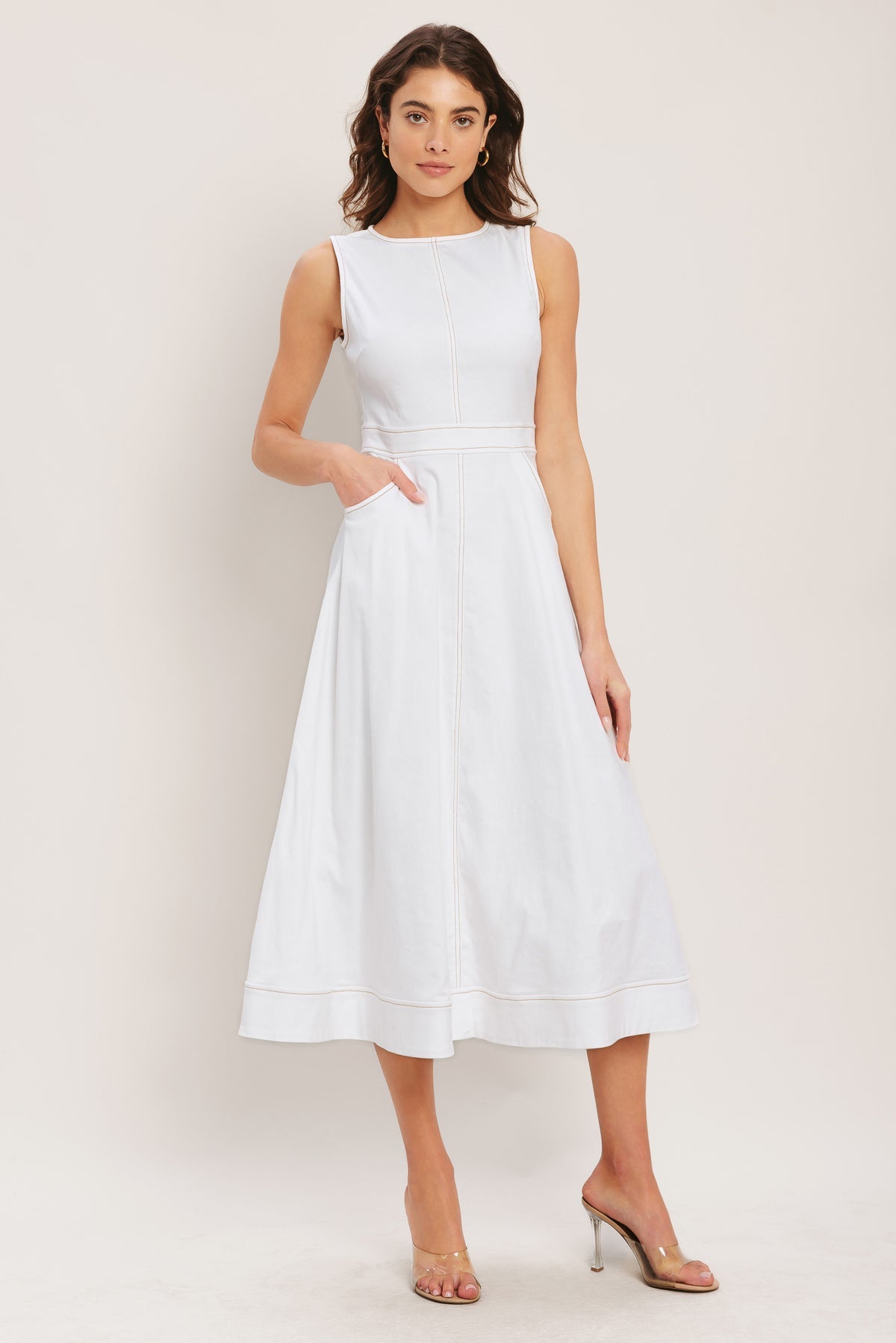 White Crew Neck Midi Woven Casual Dress with Pockets Flying Tomato ID23752