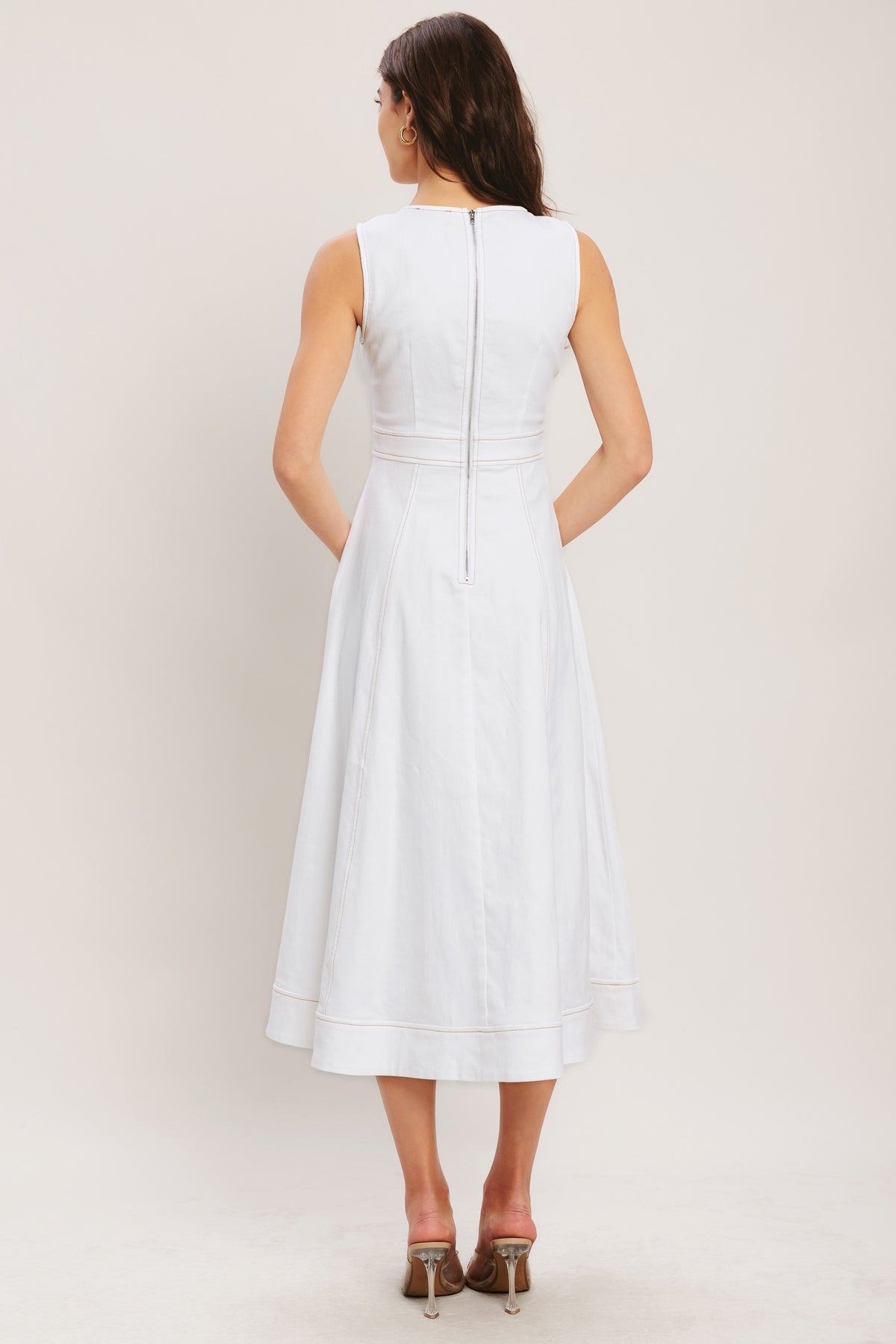 White Crew Neck Midi Woven Casual Dress with Pockets Flying Tomato ID23752