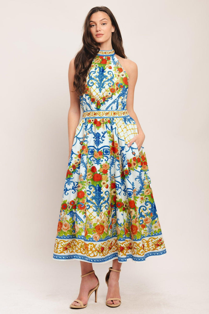 Halter Midi Crepe Wedding Guest A-Line Dress Flying Tomato ID23755