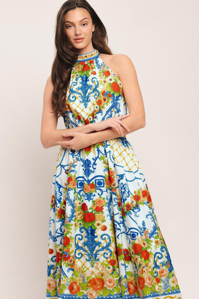 Halter Midi Crepe Wedding Guest A-Line Dress Flying Tomato ID23755