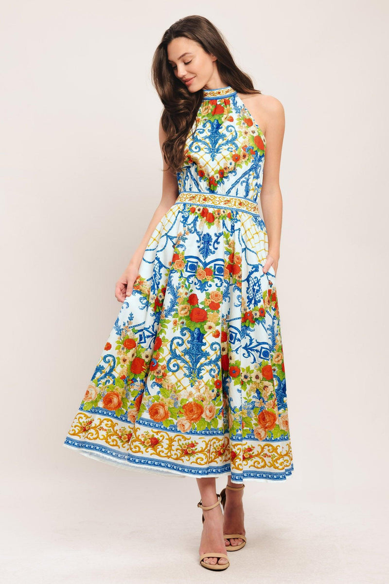 Halter Midi Crepe Wedding Guest A-Line Dress Flying Tomato ID23755