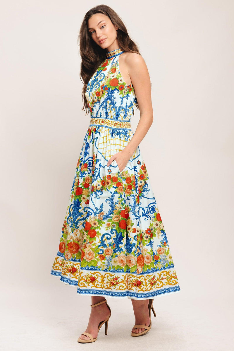 Halter Midi Crepe Wedding Guest A-Line Dress Flying Tomato ID23755
