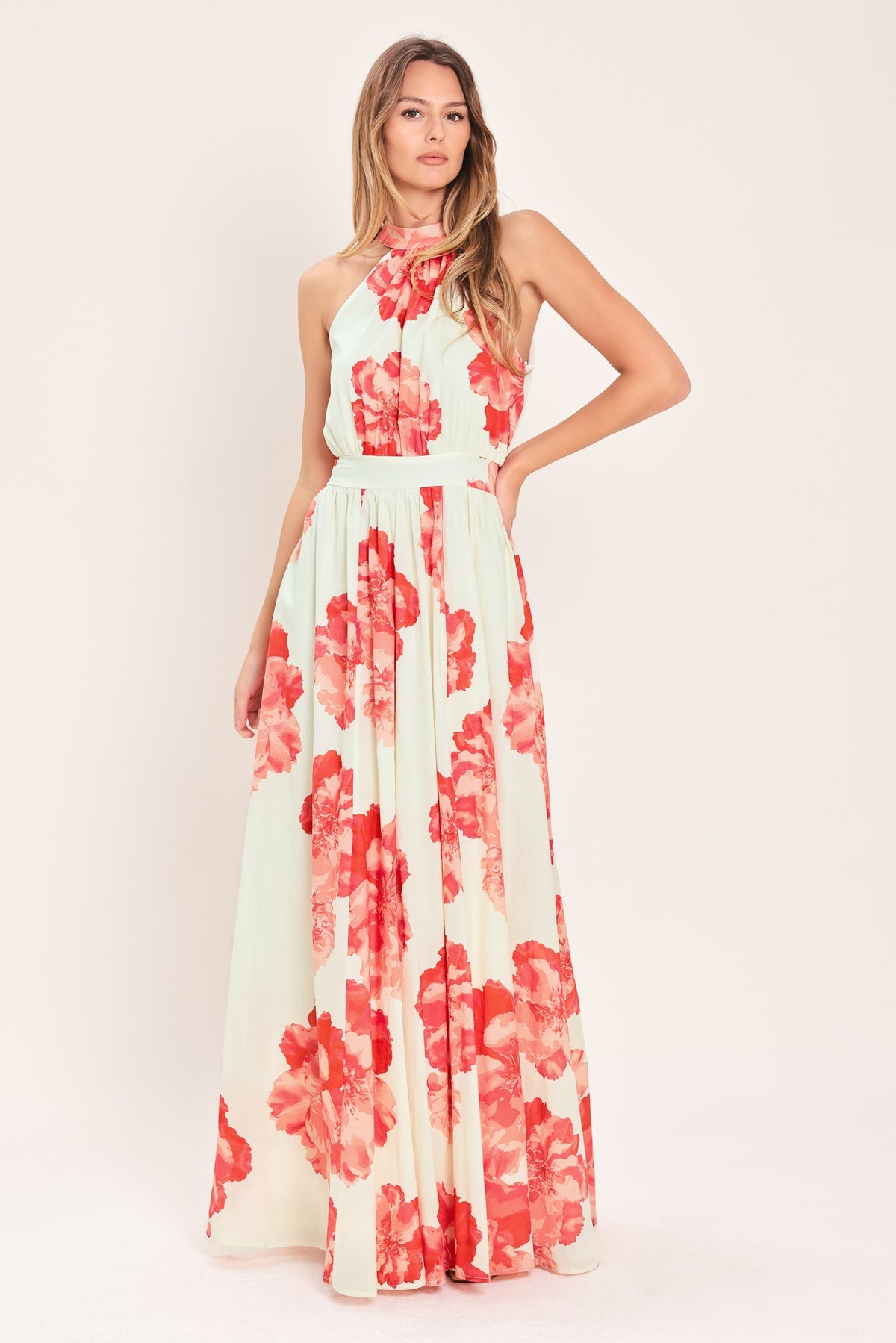 Cream Halter Floor-Length Chiffon Formal Dress Floral Flying Tomato ID23761