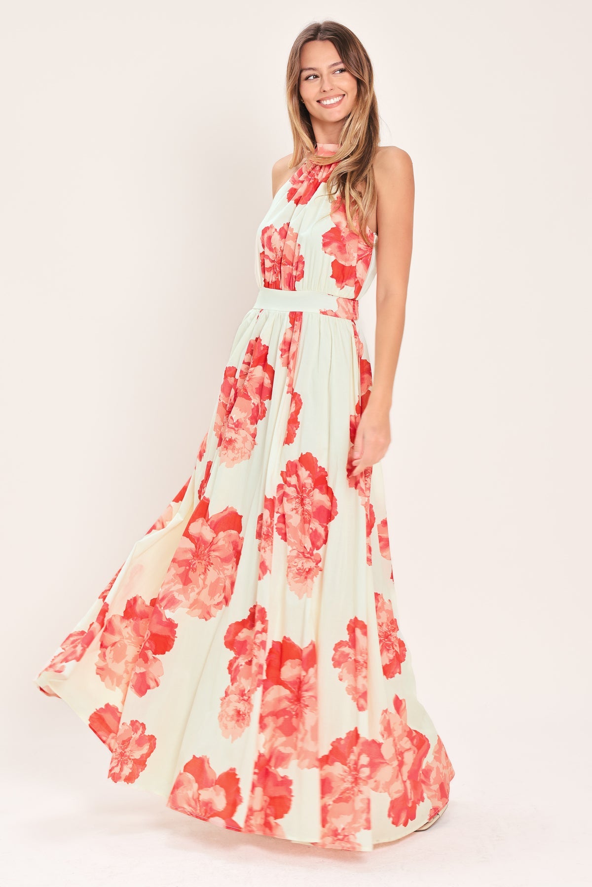 Cream Halter Floor-Length Chiffon Formal Dress Floral Flying Tomato ID23761