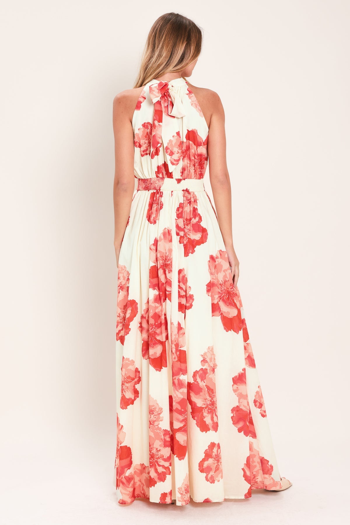 Cream Halter Floor-Length Chiffon Formal Dress Floral Flying Tomato ID23761