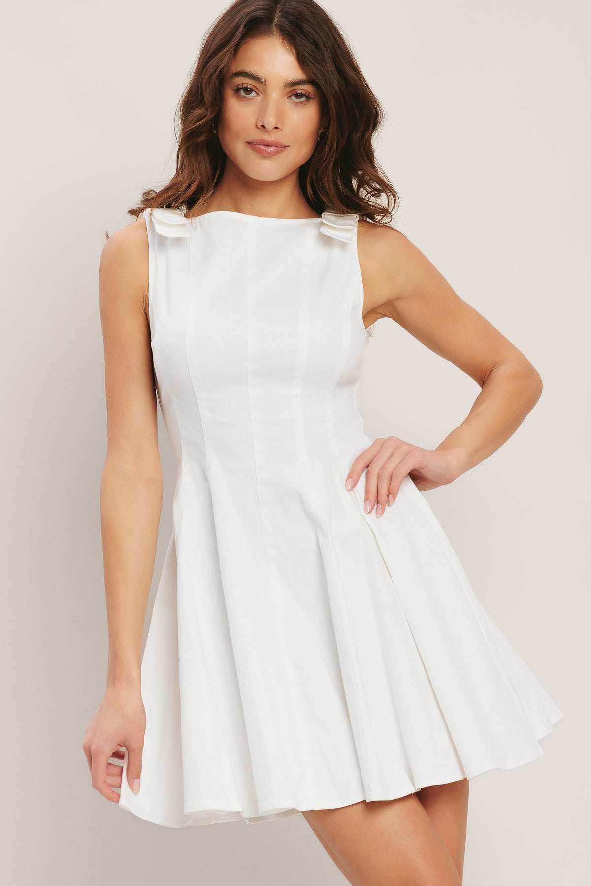 Off White Denim Bateau Mini Woven Casual Dress with Shoulder Bow Detail Flying Tomato ID23806