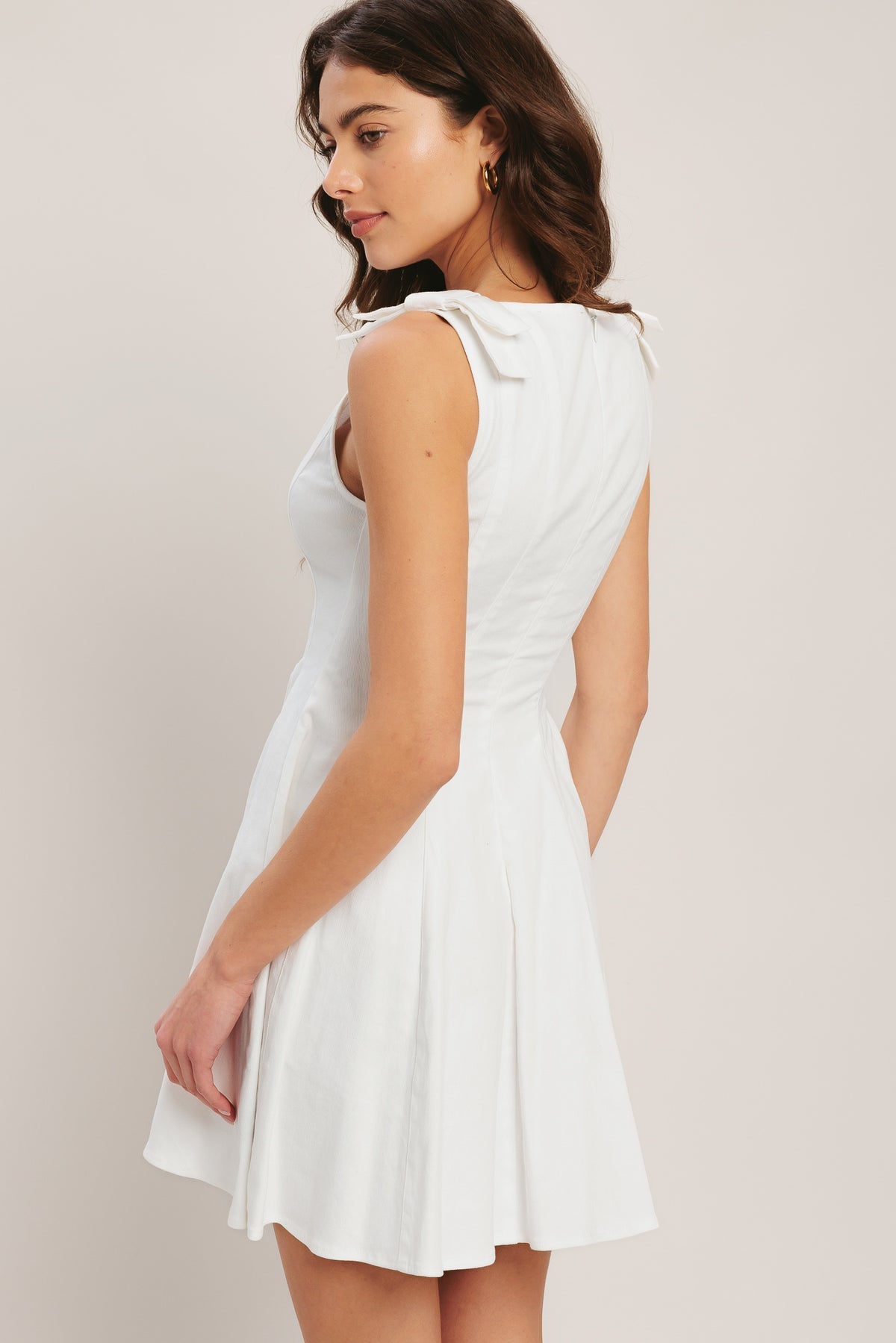 Off White Denim Bateau Mini Woven Casual Dress with Shoulder Bow Detail Flying Tomato ID23806