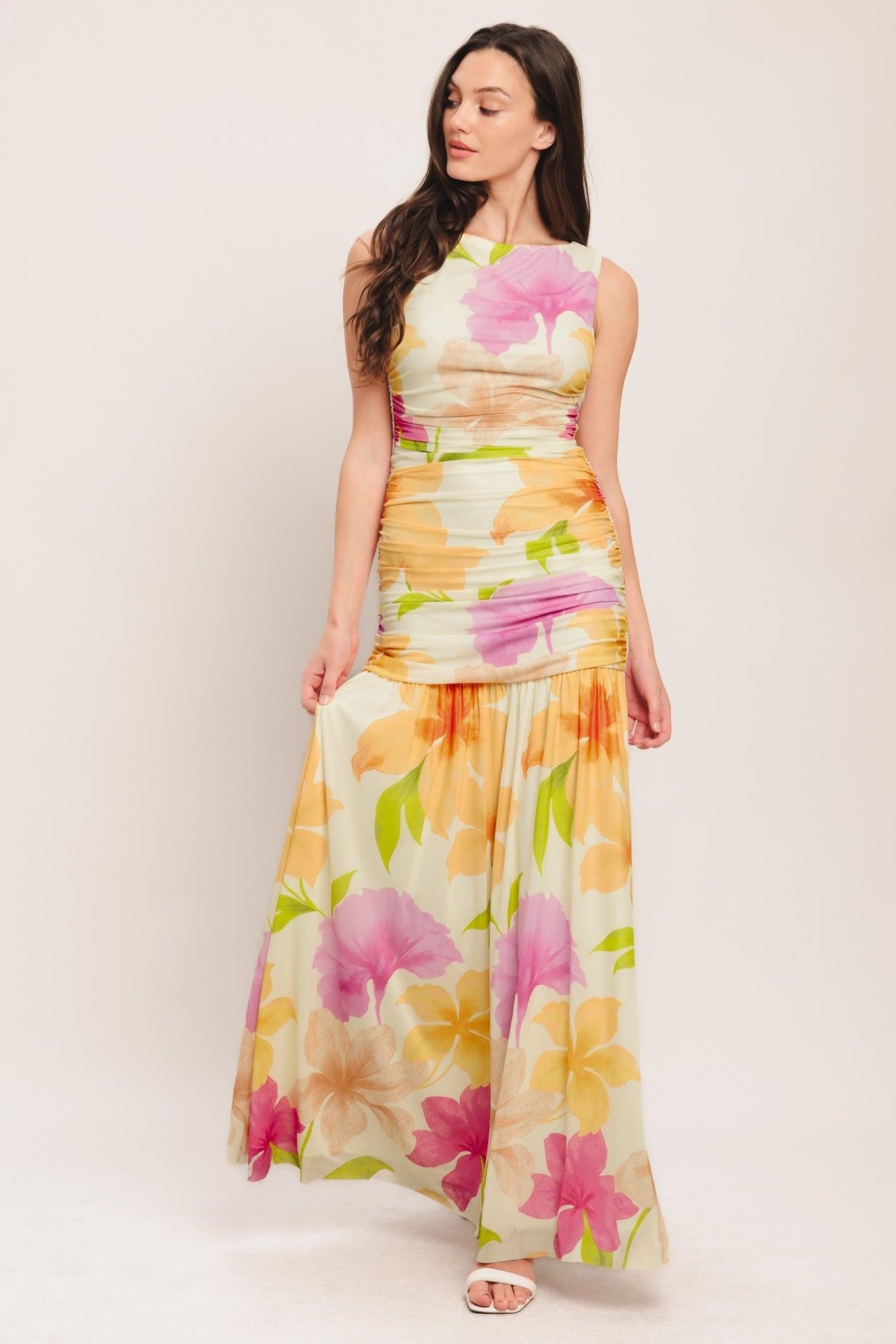 Bateau Floor-Length Floral Mesh Formal Fit & Flare Dress by Flying Tomato ID23814